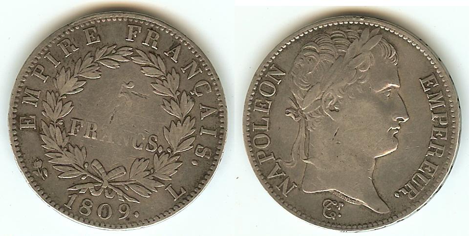 5 francs Napoléon Empereur, Empire français 1809L TTB